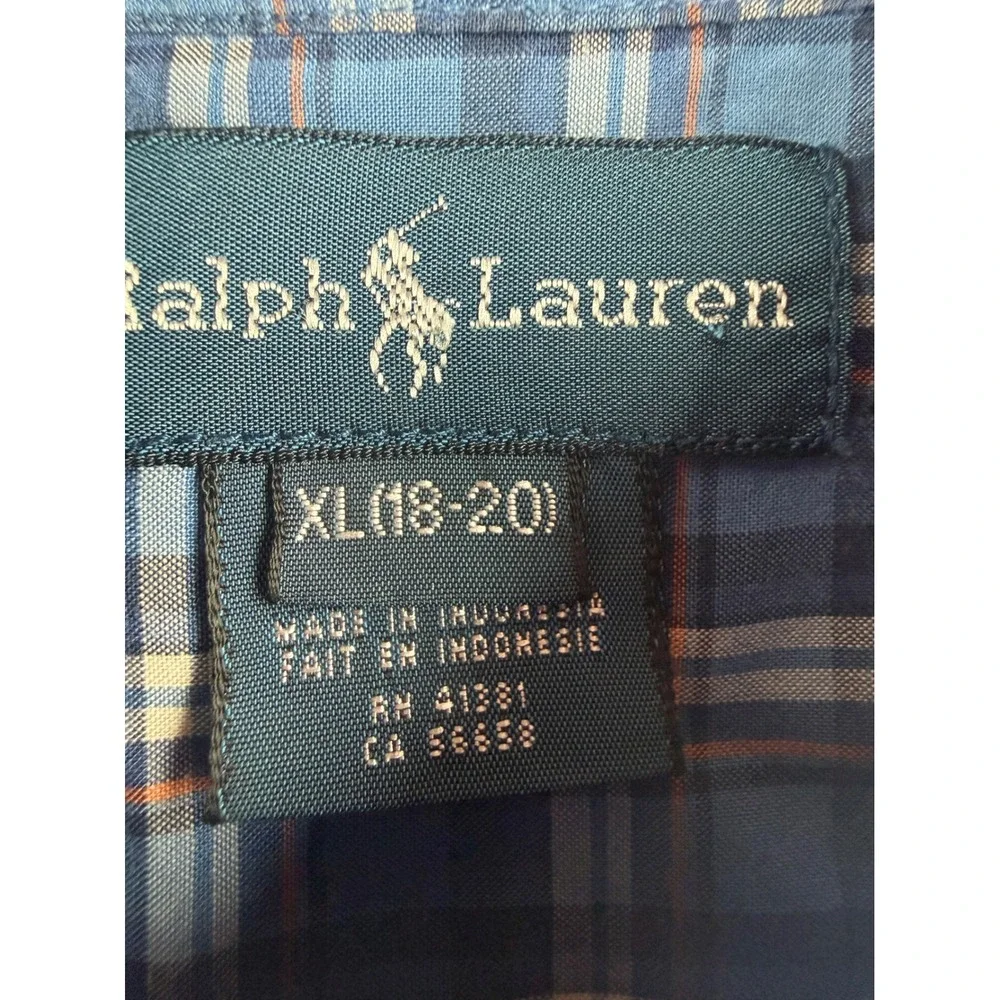 Ralph Lauren Boys XL 18-20 Short Sleeve Button Down Shirt Blue Plaid Cotton